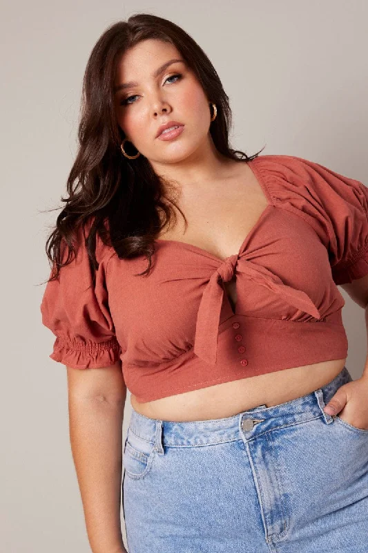 Brown Crop Top Short Sleeve Tie Front