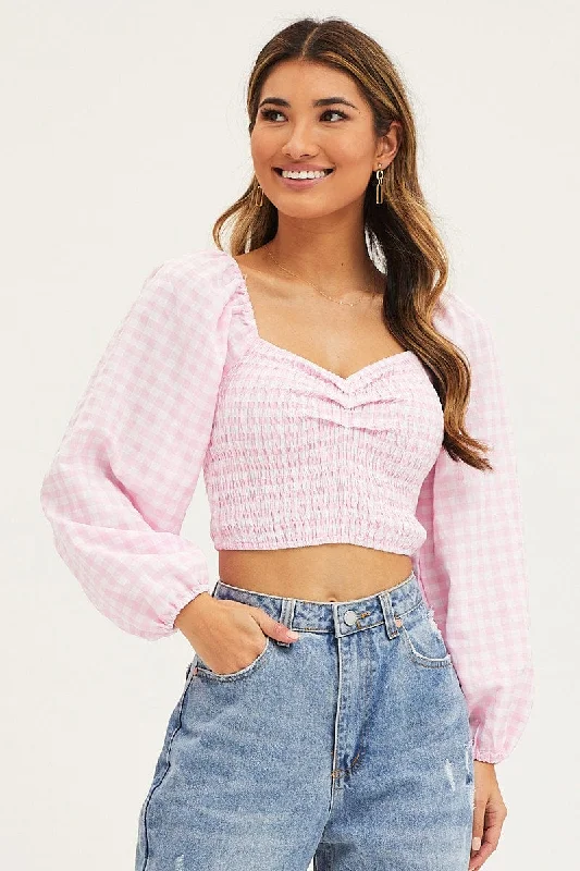 Check Crop Top Long Sleeve