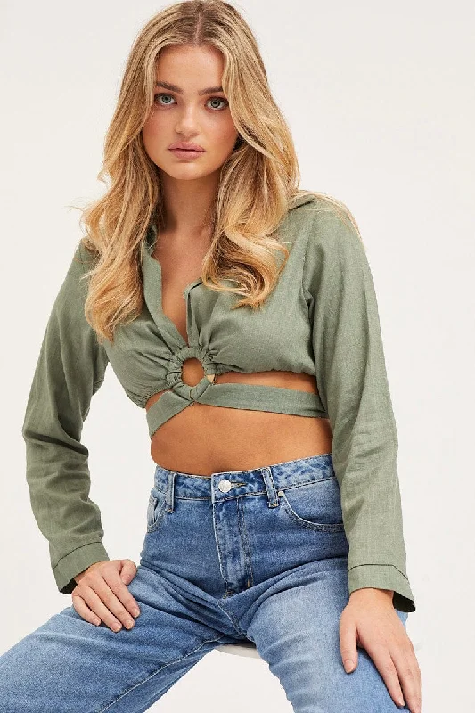 Green Bell Sleeve Top Long Sleeve Crop