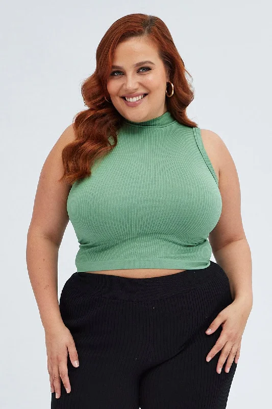 Green Tank Top High Neck Seamless