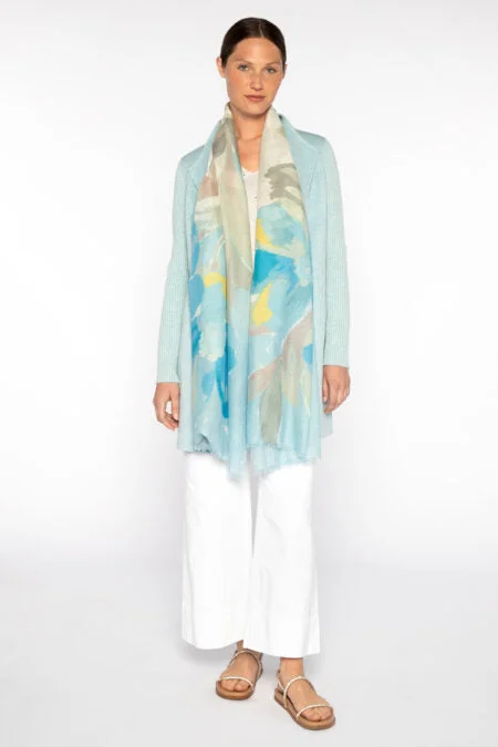 Kinross Cashmere Kiwi Blooms Print Scarf - Surf