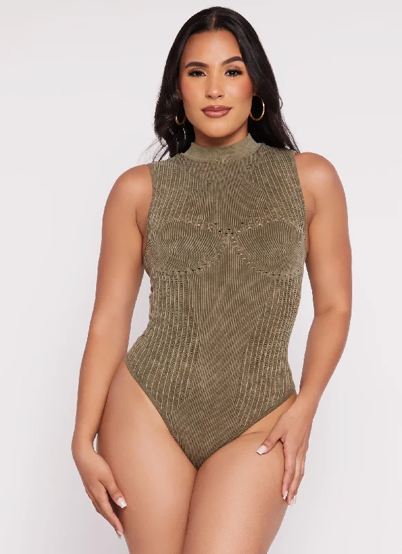 Seamless Ribbed Laser Cut Mock Neck Bodysuit