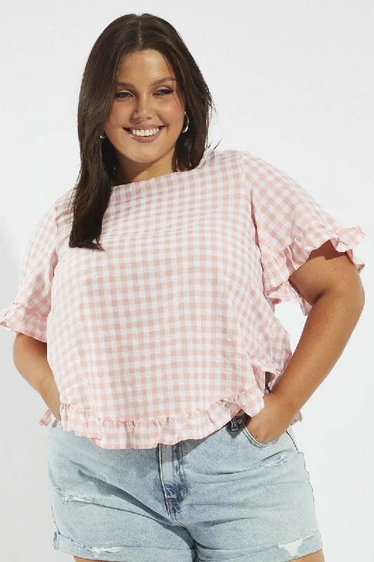 Pink Check Smock Top Short Sleeve