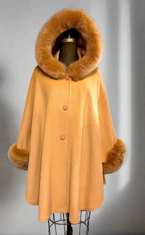 Adele Fur Hooded Cape - 23% Cashmere & Wool Blend - Genuine Fox Trim