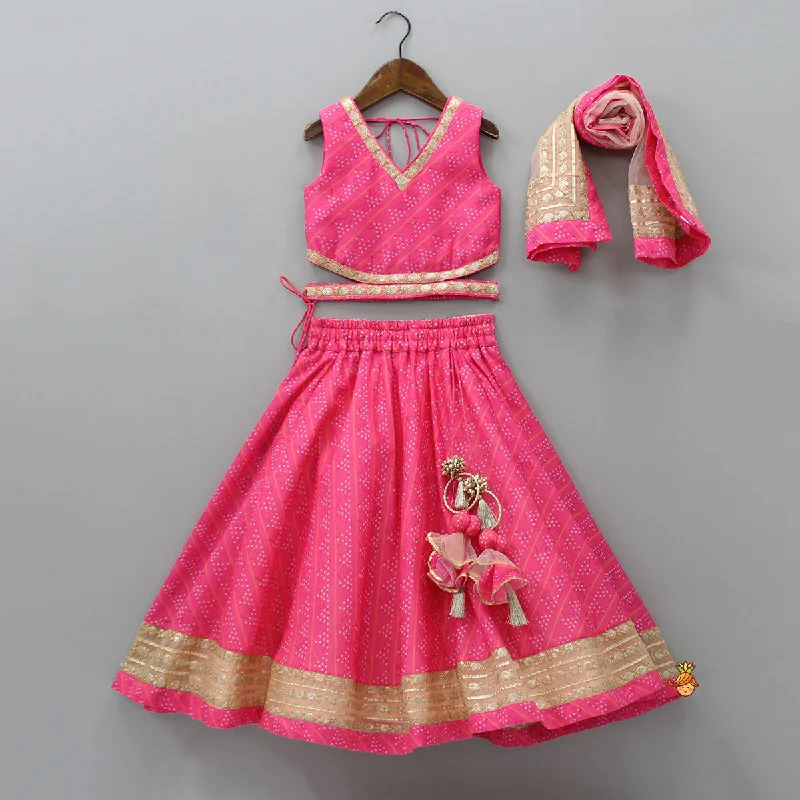 Elegant Pink Top And Fringes Tassels Detail Lehenga With Matching Dupatta