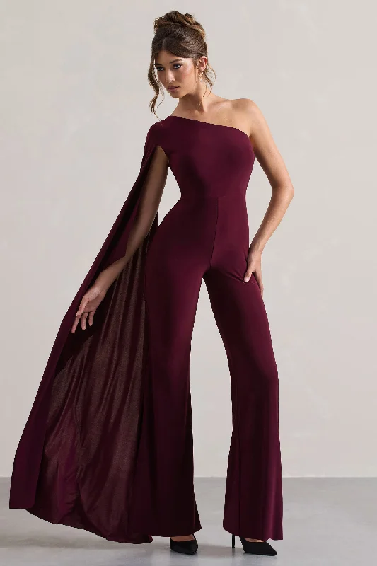 Julie | Plum Asymmetric Flared-Leg Jumpsuit With Cape Sleeve