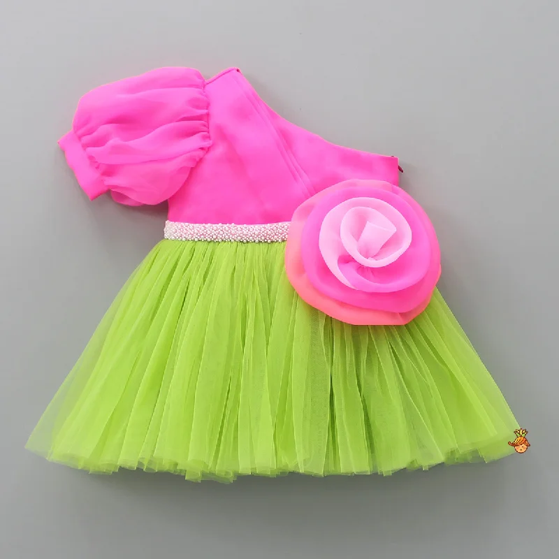 One Shoulder Swirled Flower Enhanced Flared Pink And Green Dress