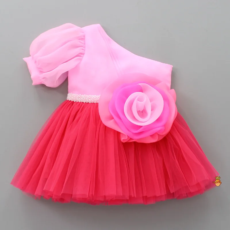 One Shoulder Swirled Flower Enhanced Flared Pink And Red Dress