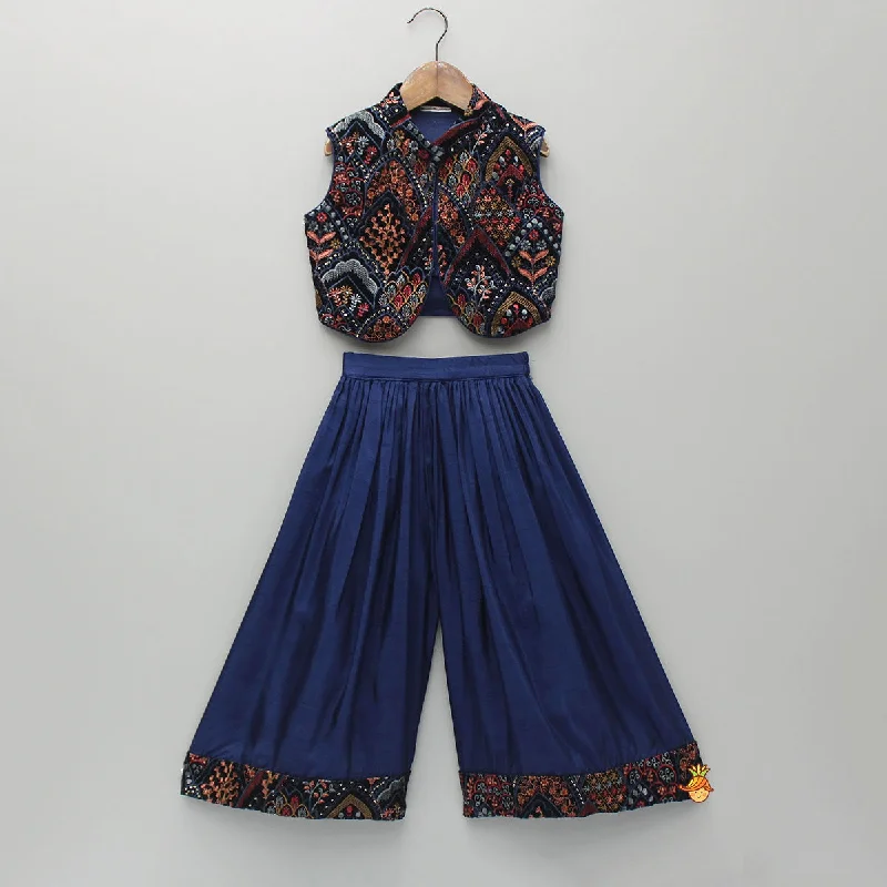 Printed Top And Flared Blue Palazzo