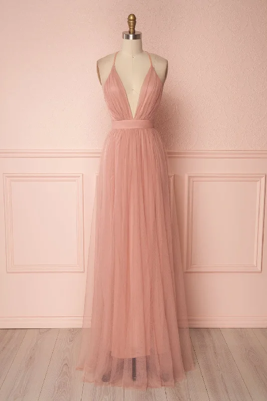 Aliki Blush | Plunging Neckline Mesh Maxi Dress