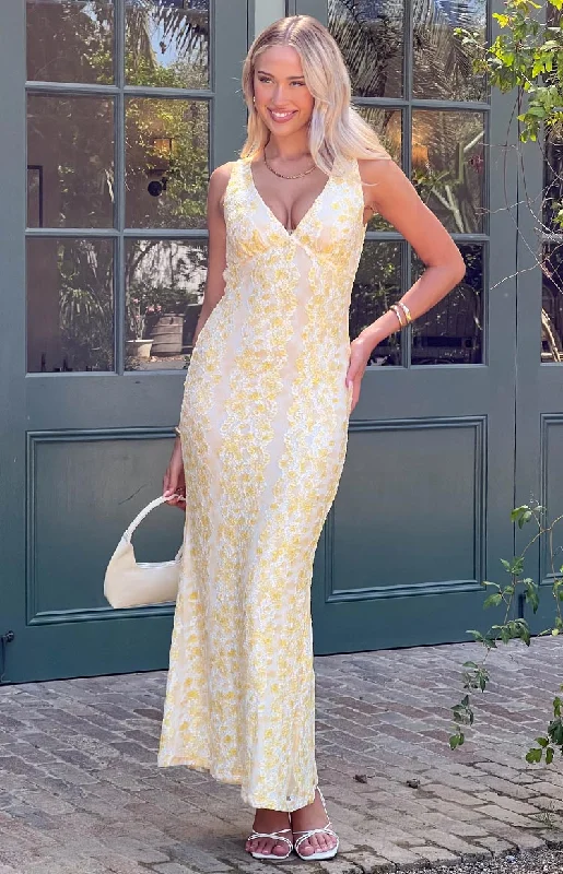 Farida Yellow Lace Maxi Dress