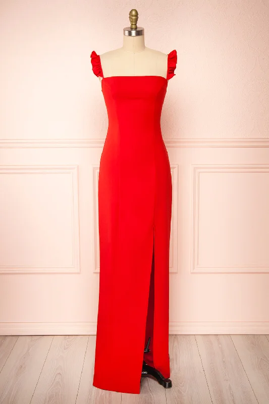 Mia Red | Maxi Dress w/ Ruffled Straps