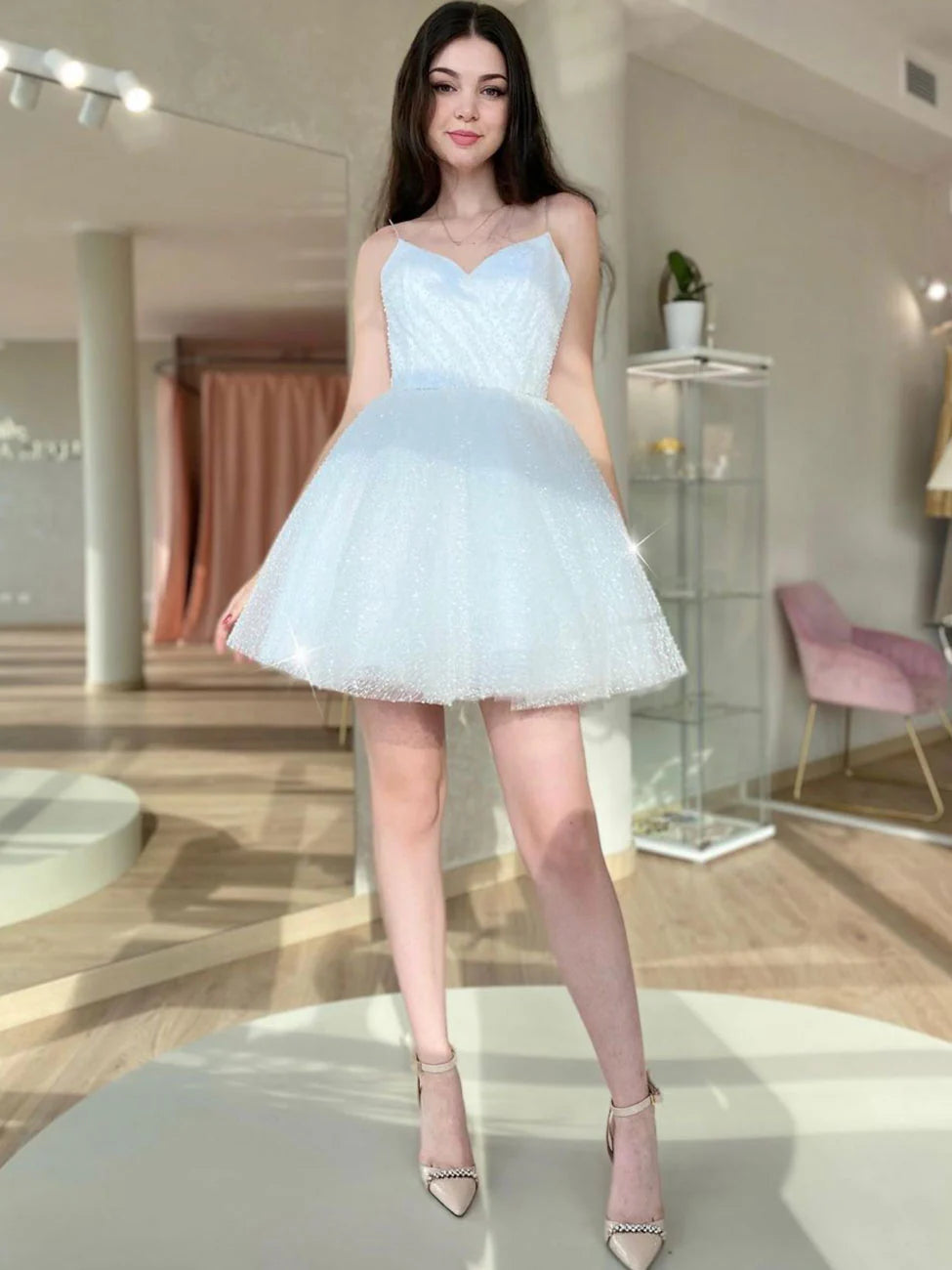 A line White Mini Sparkling Prom Dress Homecoming Dresses