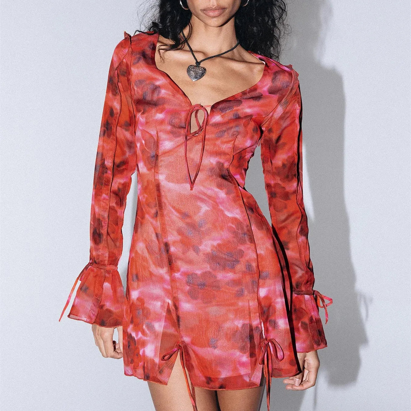 Floral Print Casual Long Sleeve V Neck Tie-up Front Split Hem Club Mini Dress