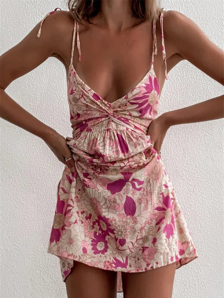 Floral Boho Pink Flower Print Bohemian Beach Style Ruffled Backless Mini Dress