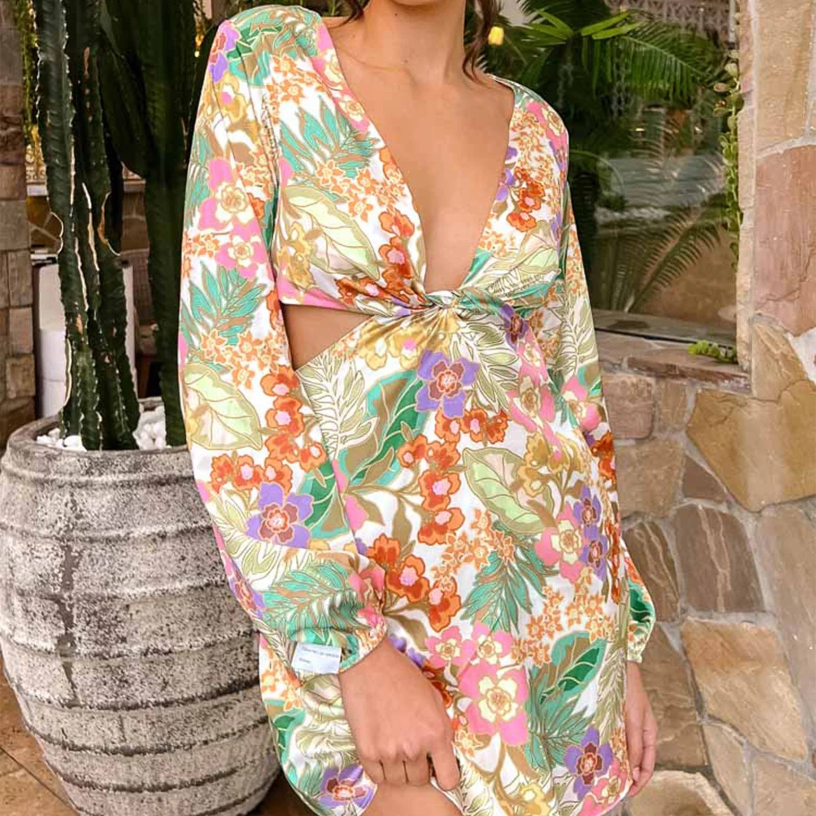 Vintage Floral Print V-Neck Twist Front Long Sleeve Spring Fall Backless Mini Dress