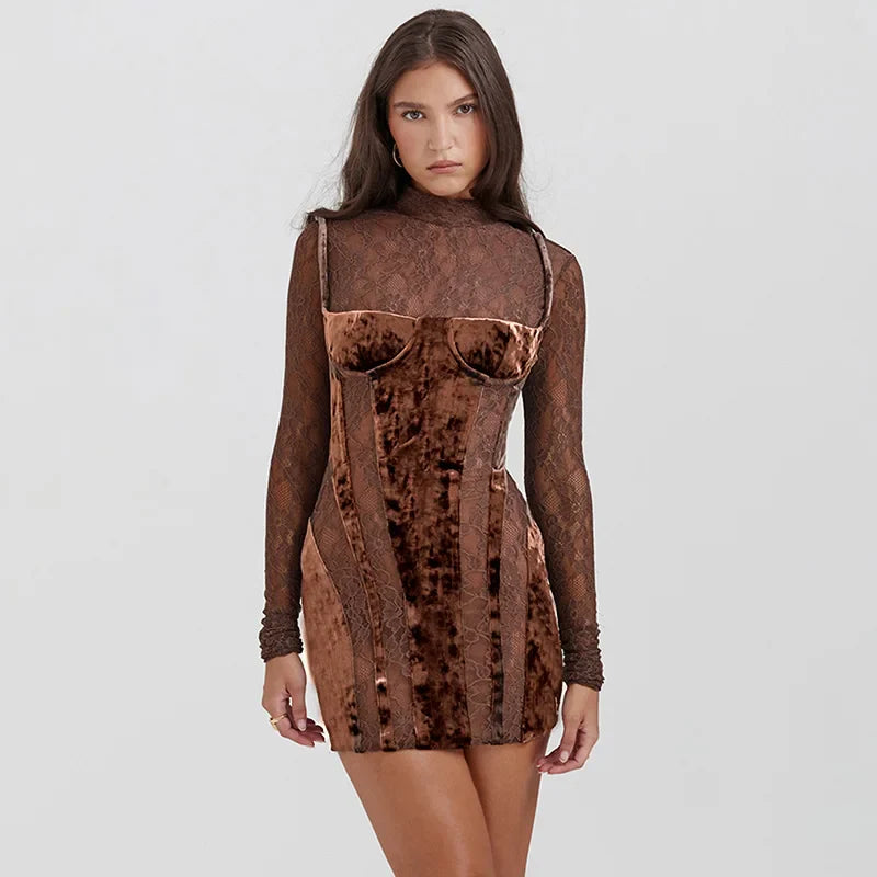 FashionSierra - Lace Velvet Patchwork Women Elegant Stand Collar Long Sleeve Bodycon Lady Chic See Through Party Robe Mini Dress