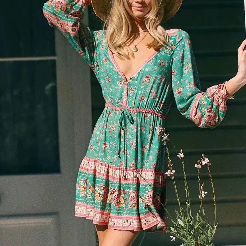 FashionSierra-Lantern Long Sleeve  Mini  Women  Vintage  Rayon  Green Floral Print  Adjust Waist  V-neck  Autumn  2024  Robe Boho Dress