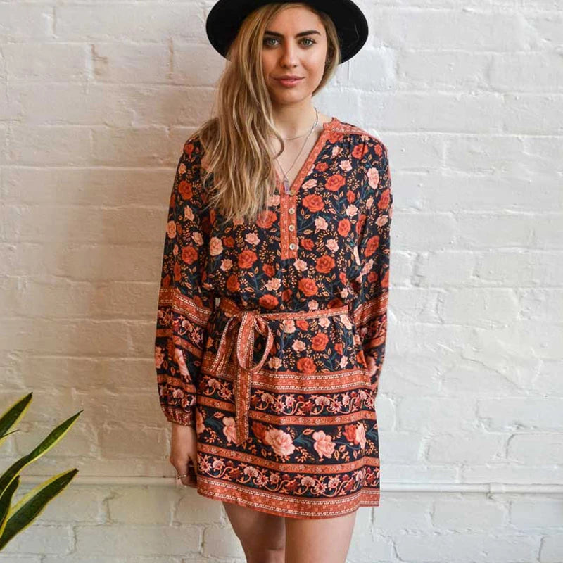 FashionSierra-Tunic  Rayon  Mini  2024  Autumn  Brown  Rose Floral Print  Gypsy  Chic  Long Sleeve  Beach  Women  Boho Dress