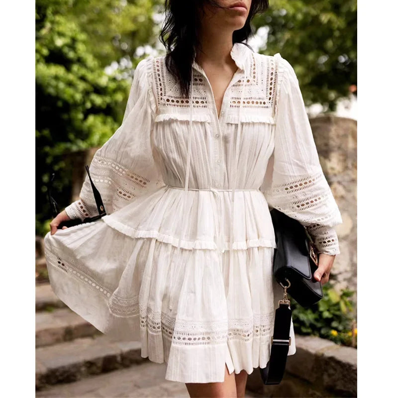 FashionSierra-Vintage  Embroidery  White  Lace  Puff  Long Sleeve  Mini  Autumn  Elegant Boho Dress