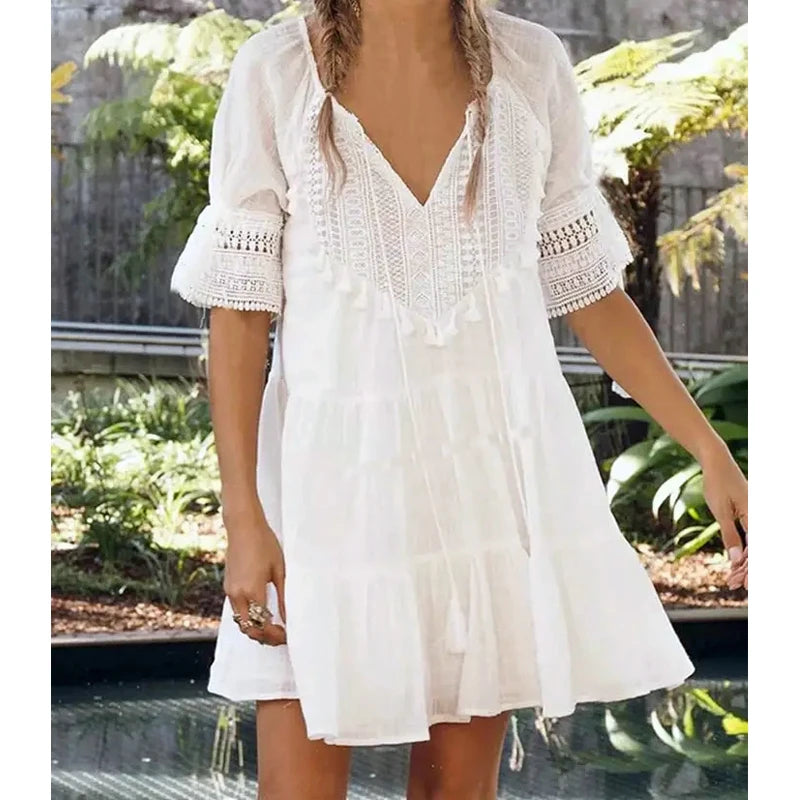 FashionSierra-White  Short Sleeve  Lace  Women  Robe  Casual  Lace Up  Tassel  O-neck  Mini  Summer  Beach Wear  Vestidos Boho Dress