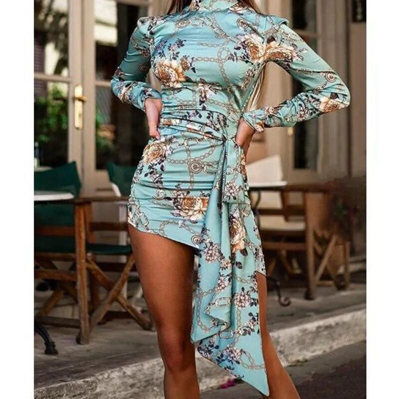 FashionSierra - Floral print ruched designed mini dress women Turtleneck long sleeve dress Autumn  Bodycon sexy party dresses vestidos mujer