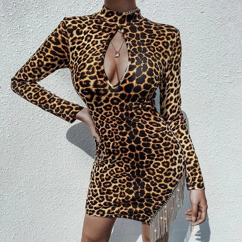 FashionSierra - Leopard Print Chain Tassels Detail  Dress Women Mock Neck Long Sleeve Bodycon Dress Front Cut Out Slim Fit Mini Dresses