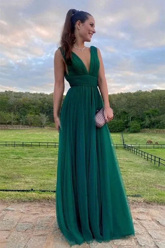 A Line Green Tulle Long Prom Dresses V Neck Formal Wedding Guest Dress