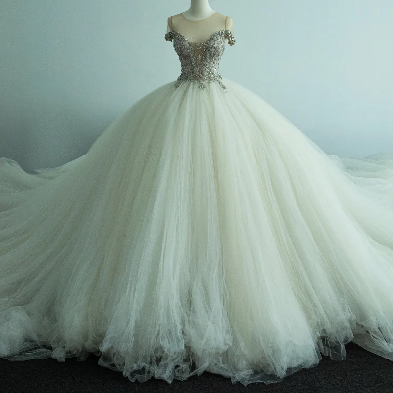 Capped Sleeve Puff Skirt Ballgown Wedding Dress Tulle Bridal Gown