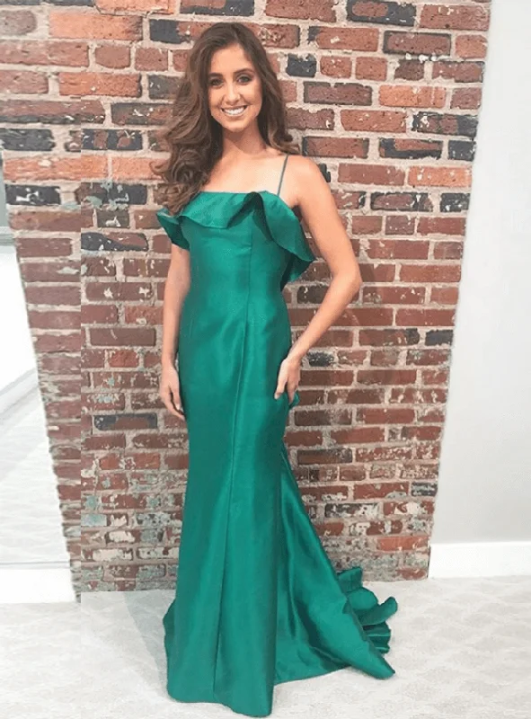 Cheap Green Prom Dresses UK Satin Wedding Guest Dress Spaghetti Straps Ruffles