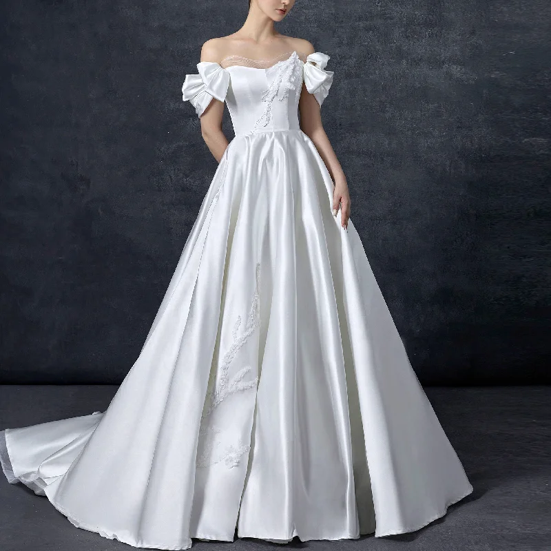 Detachable Sleeve Satin Wedding Dress A-line Bridal Gown