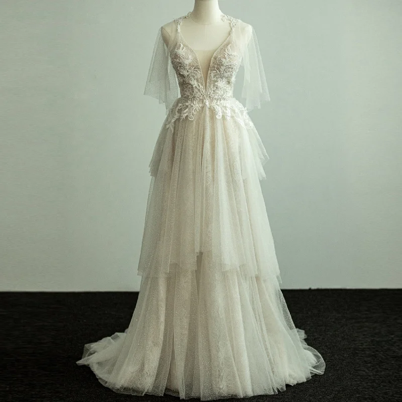 Elegant Dot Tulle Lace Boho Sheath Wedding Dress Multi Tulle