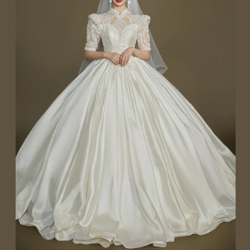 Half Sleeve Satin Wedding Dresses with Sheer High Neck & Keyhole