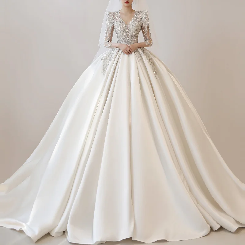 Long Puffy Sleeve Ball Gown Wedding Dress with Keyhole and Train