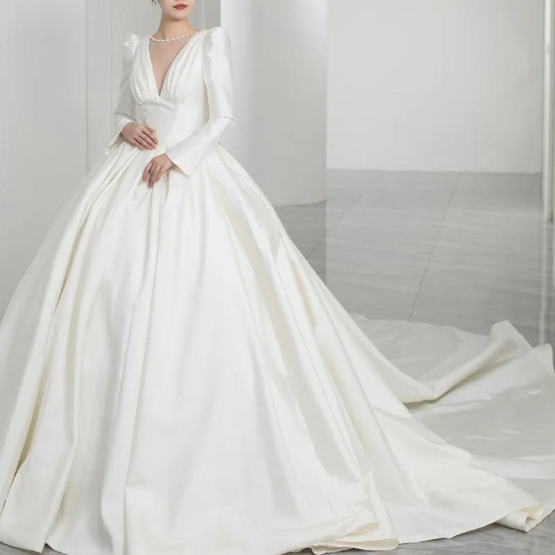 Long Sleeve Satin Wedding Dresses with Deep V Neckline