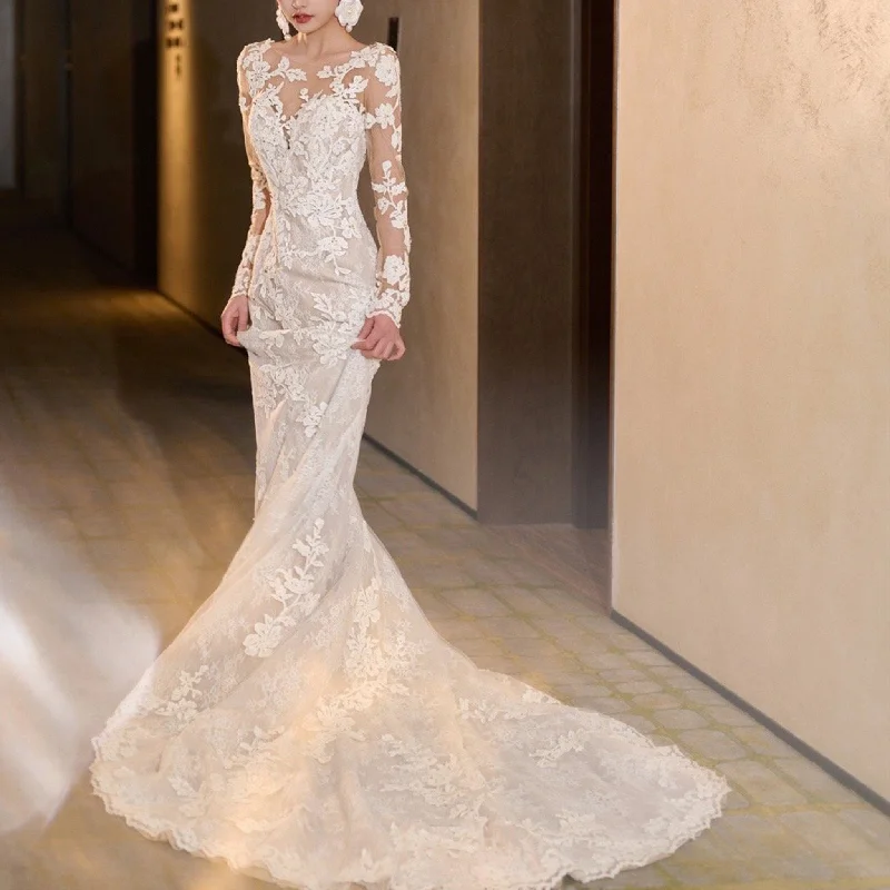 Mermaid Lace Wedding Dresses with Sheer Long Sleeves