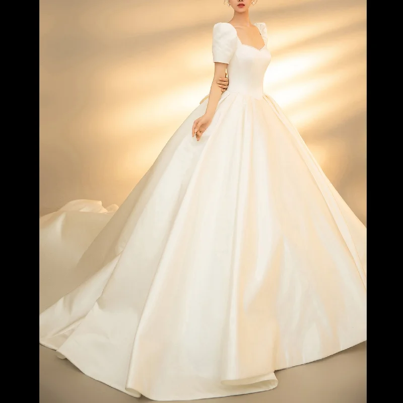 Puffy Short Sleeve Satin Wedding Dress with Queen-Anne Neckline