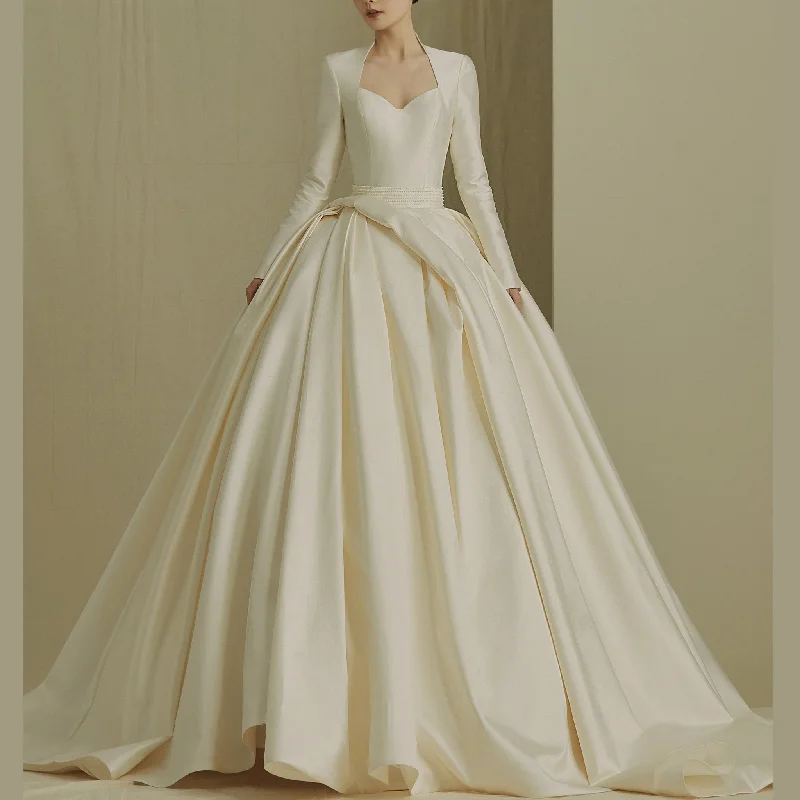 Queen-ann Neck Long Sleeve Wedding Dress with High Back