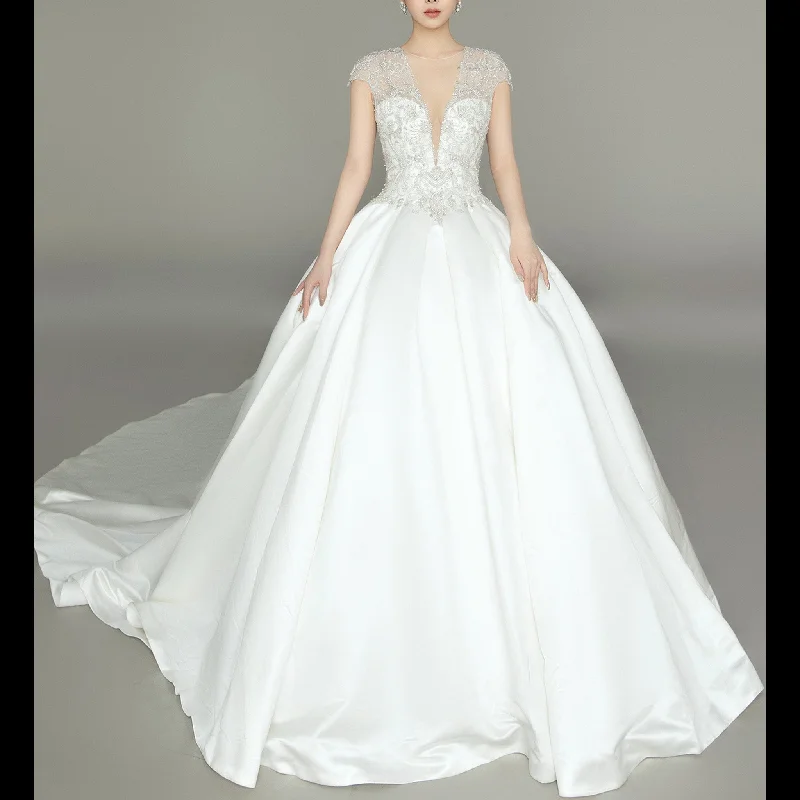 Satin Cap Sleeve Deep V-Neck Wedding Dress with Ball Gown Skirt