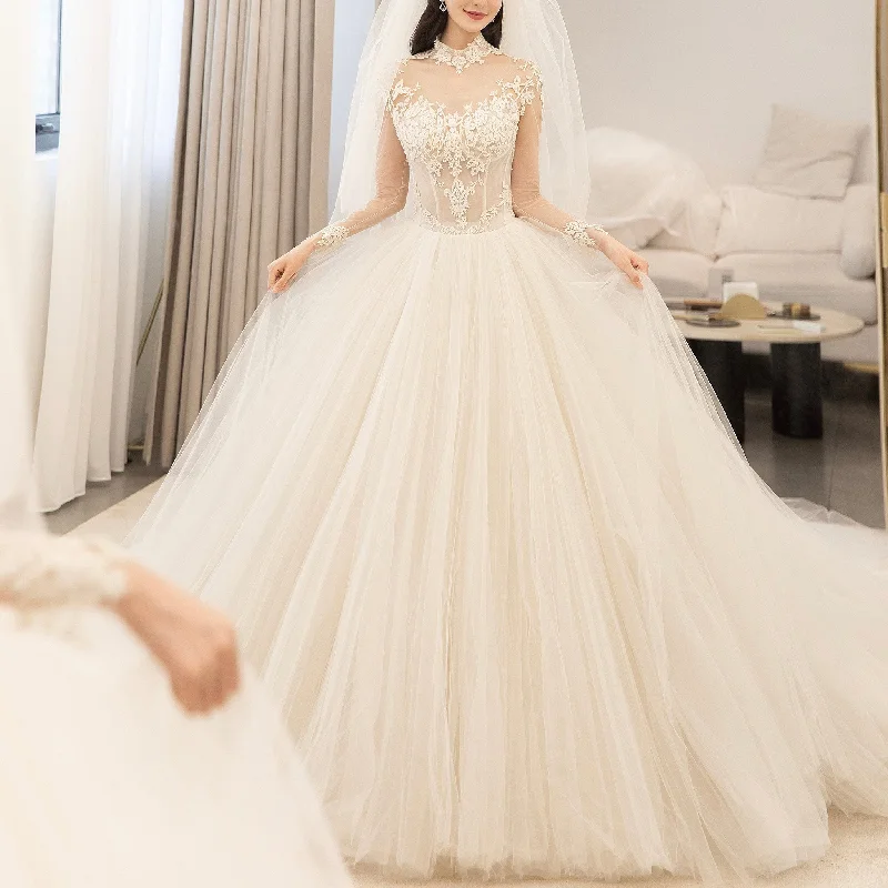 Sheer Bodice Puffy Skirt Tulle Wedding Dress with Long Sleeve