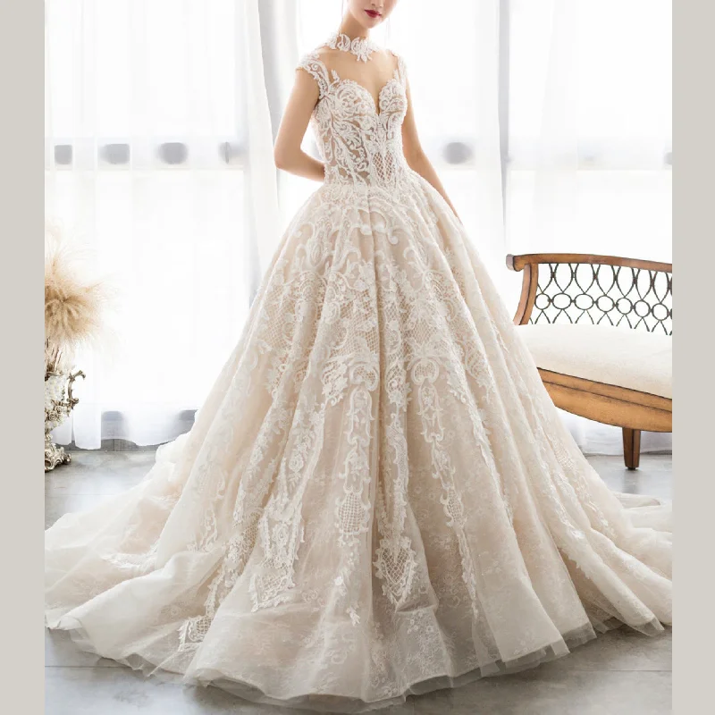 Sheer O-Neck A-line Lace Wedding Dress and Bridal Gown