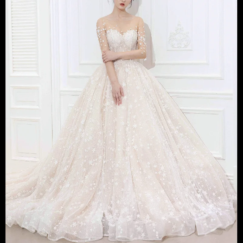 Sheer Neck and Long Sleeve A-line Wedding Dress for Women