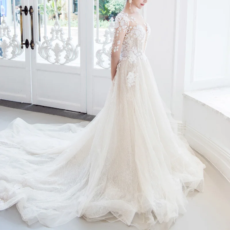 Simple A-line Sheer Long Sleeves Wedding Dress with Floral Lace