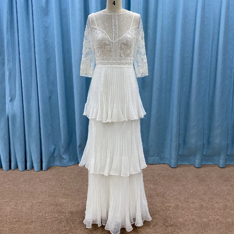 Three Quarter Sleeve Sheer Sheath Wedding Dress with Multi Layers