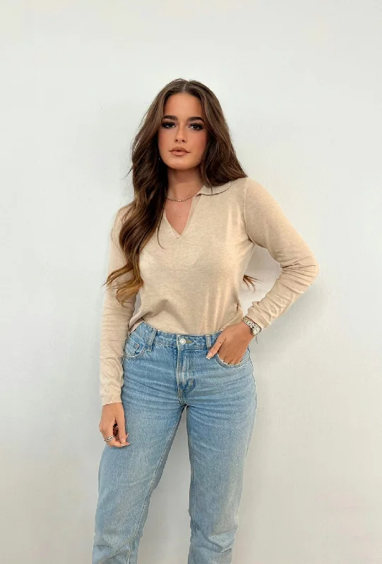 Only Life Long Sleeve Polo Neck Knit in Beige